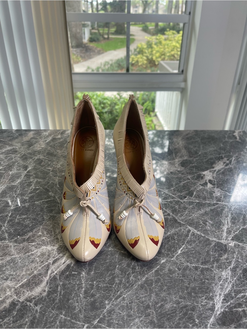 Tory Burch Cream Printed Leather Pointed-Toe Heels